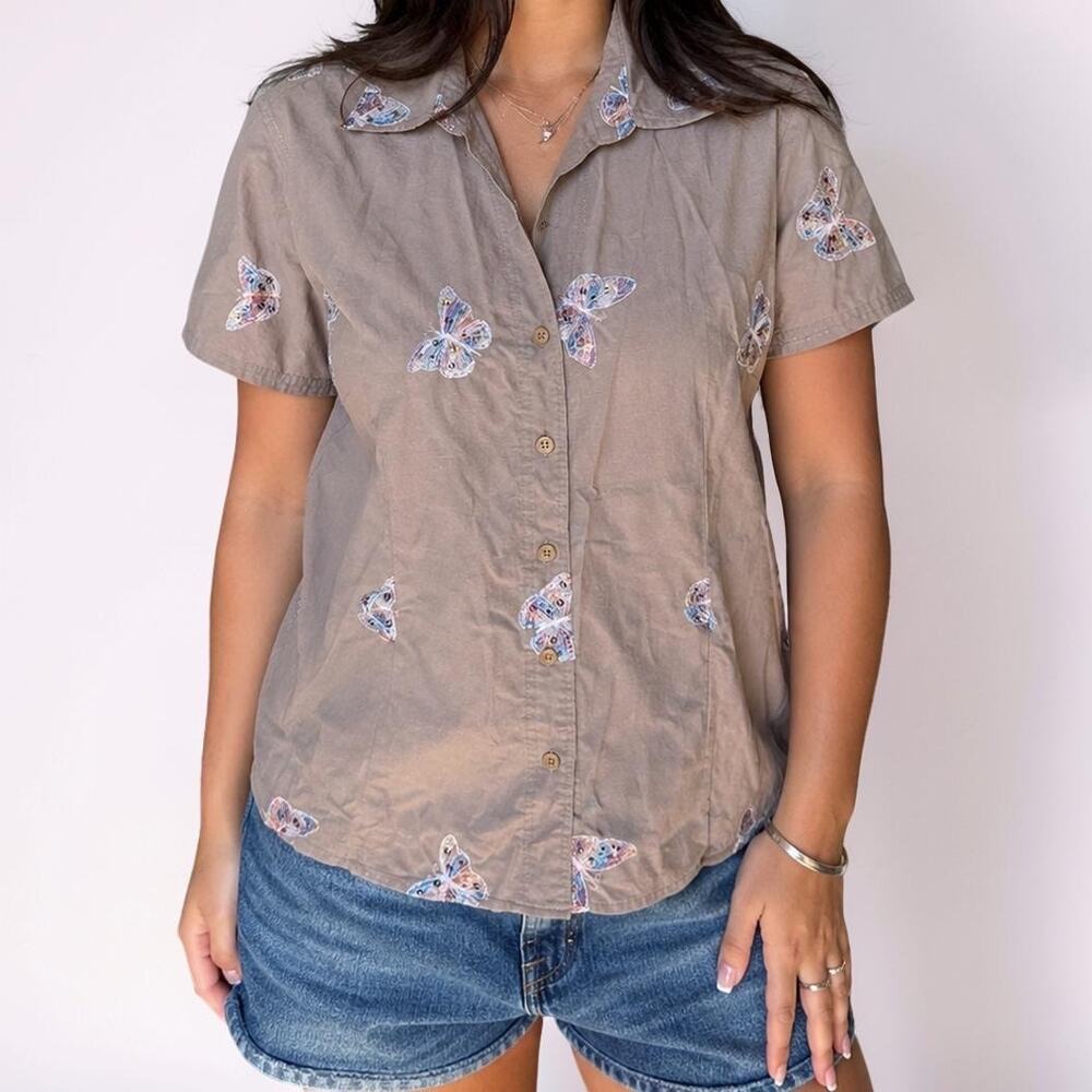Lemon Grass Studio Butterfly Embroidered Button Shirt Size Large